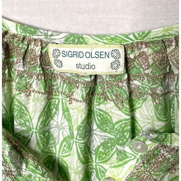 Sigrid Olsen Studio Green Abstract Print Blouse Embroidered Women's Sz L Cotton - Picture 3 of 8